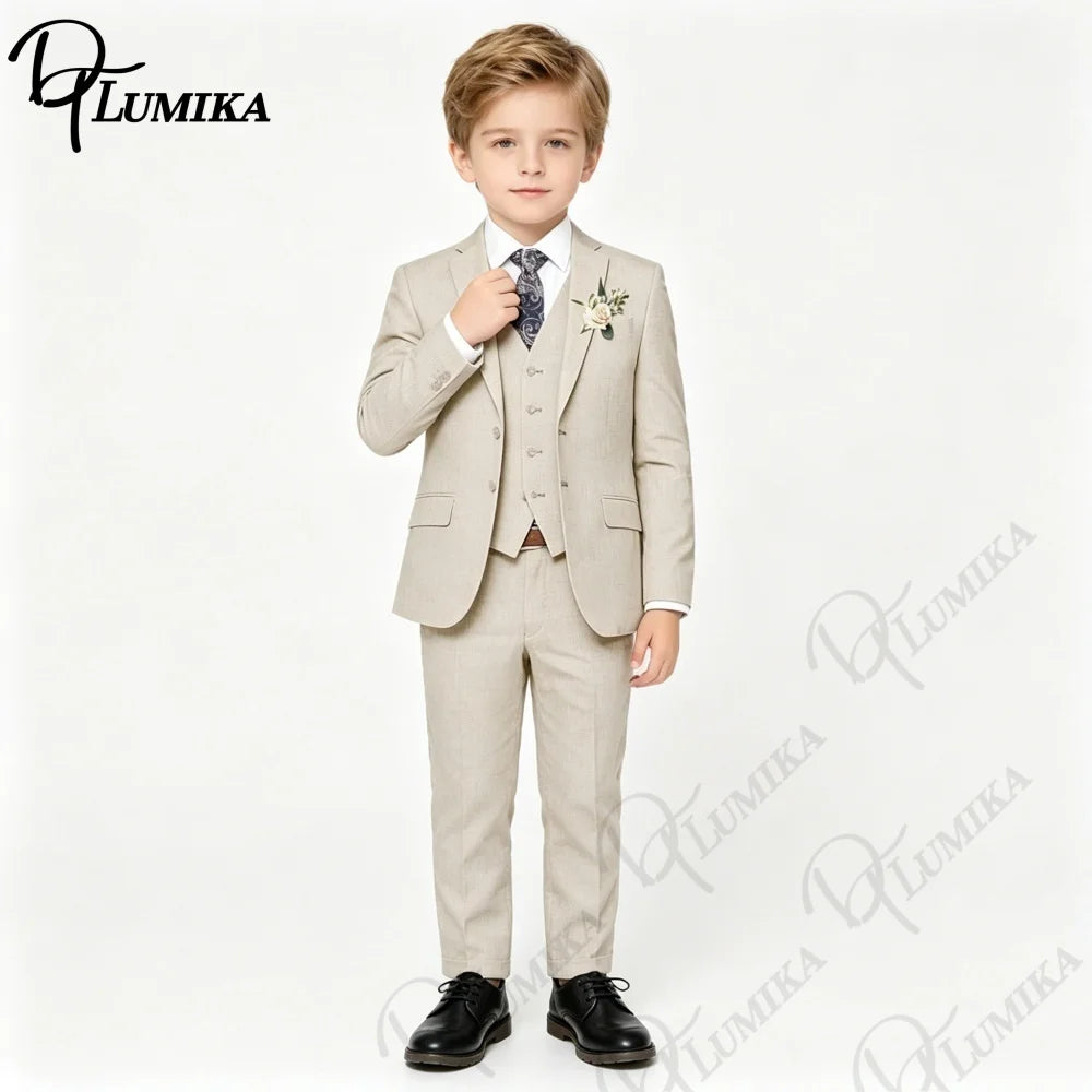Ensemble 4 pièces élégant en lin pour garçons avec nœud papillon floral 2026 – Blazer, gilet et pantalon classiques pour le porte-anneau de mariage