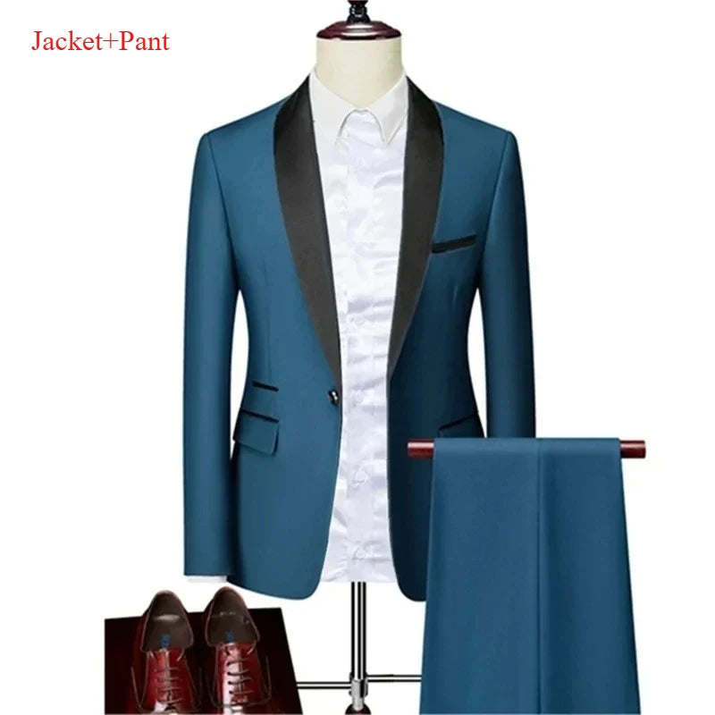 Ensemble de costume noir à revers pour hommes, manteau, gilet, pantalon/affaires pour garçons d'honneur, robe de mariée, pantalon Blazer Fprmal