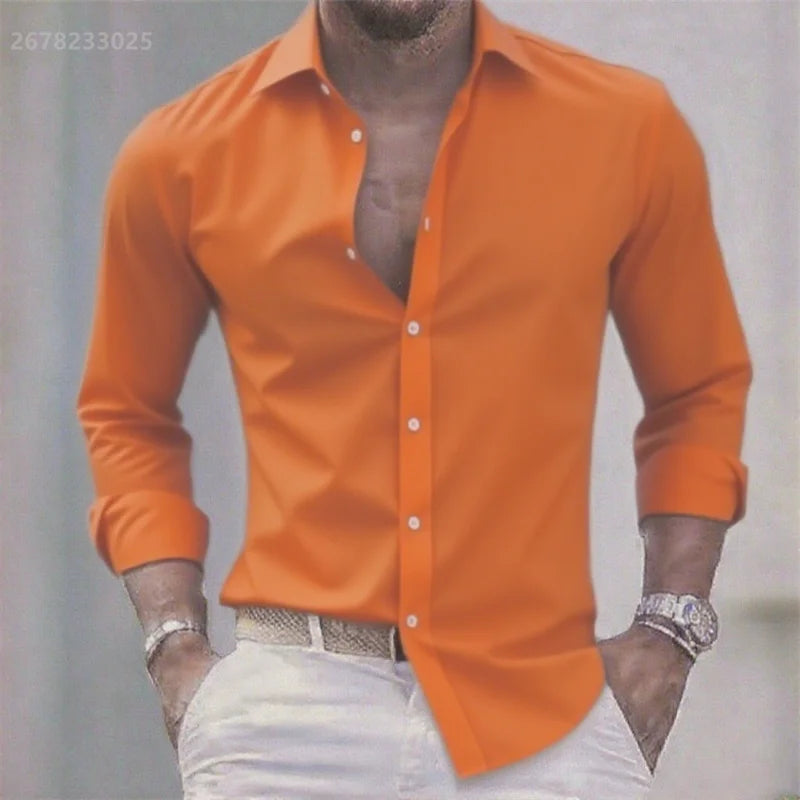 Chemise blanche décontractée pour homme, couleur unie, tissu extensible à manches longues, chemise formelle pour affaires, tissu confortable