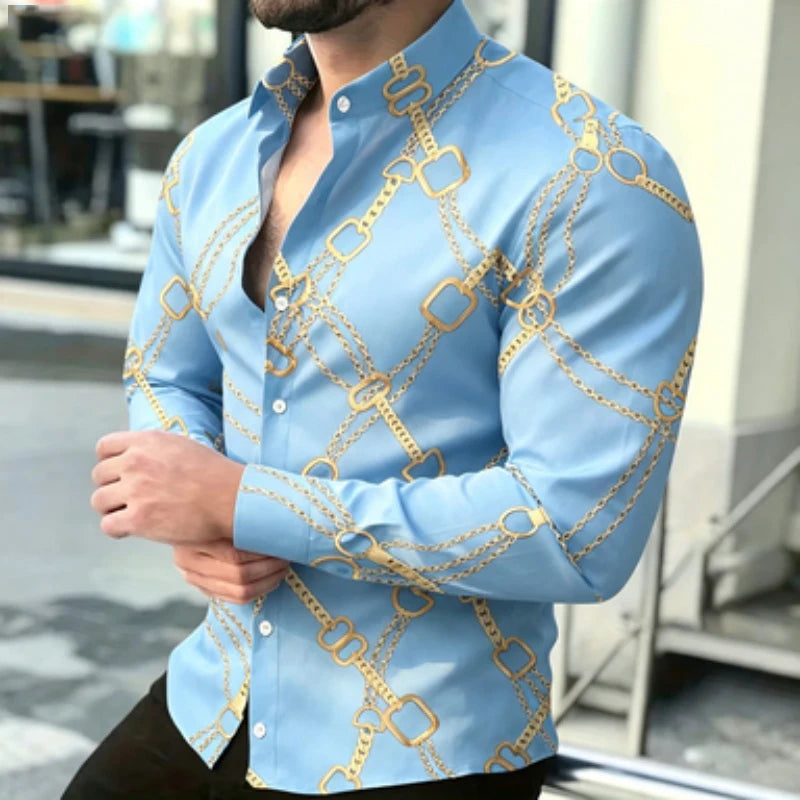 Chemise à manches longues pour homme avec imprimé chaîne dorée, style décontracté chic européen et américain pour jeunes, imprimé tendance pour homme, quotidien