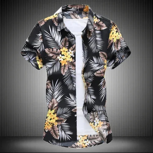 Chemise imprimée pour hommes, chemises de plage à manches courtes col carré simple boutonnage noir violet Camisa taille asiatique M-7XL