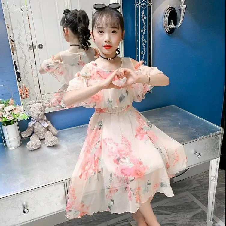 Robe d'été fine pour fille, robe de princesse florale en mousseline, vêtements d'été décontractés pour enfants, robes pour filles, Vestidos