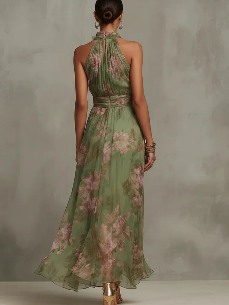 Robe de soirée fluide en mousseline de soie sans manches à col montant et taille froncée DFCF Fashion, nouvelle robe longue à imprimé floral et dos nu pour femme 2026