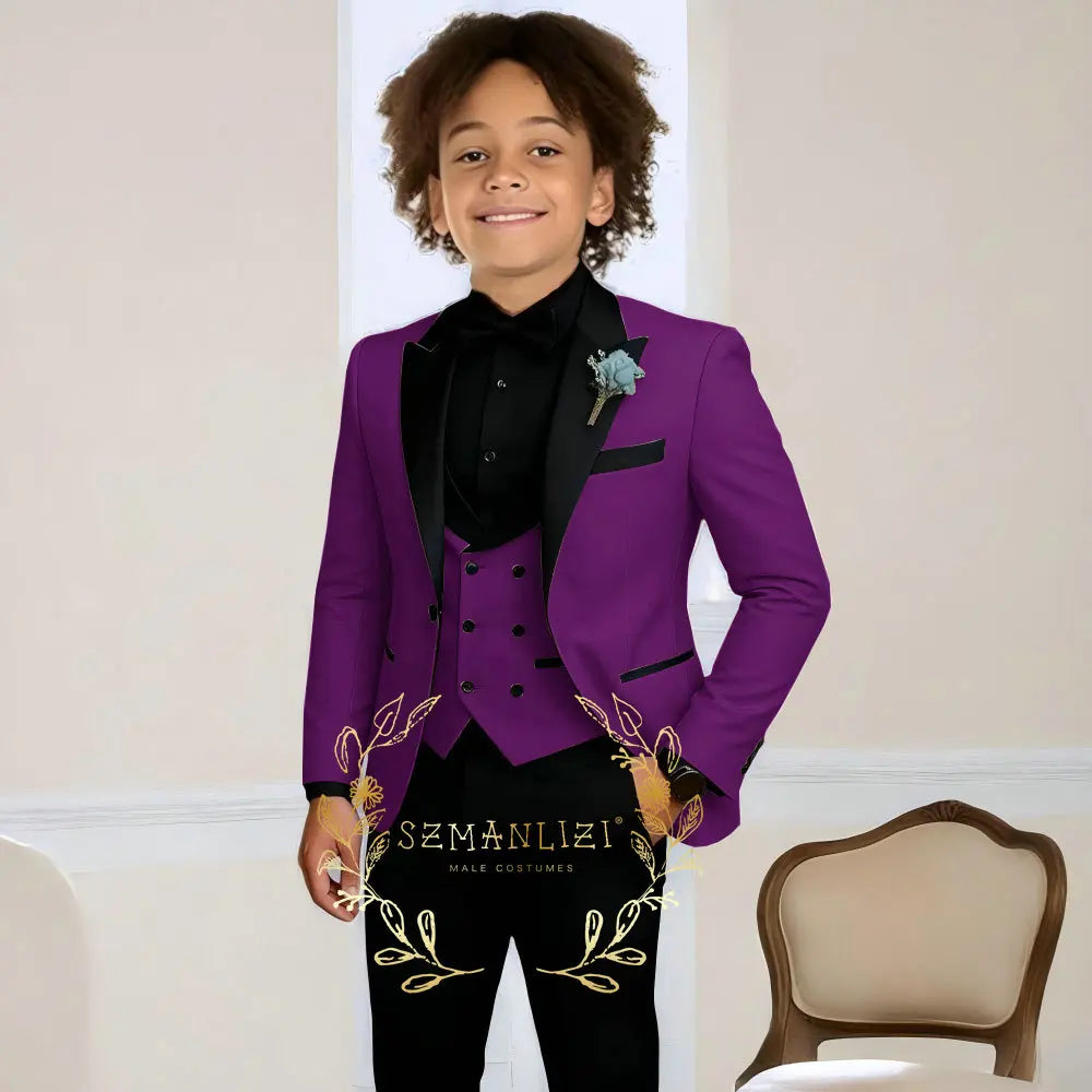 Costume de smoking de mariage pour garçons, 3 pièces, veste à col à visière, pantalon, gilet, ensemble Blazer formel pour enfant, tenue cintrée, costume garcon mariage