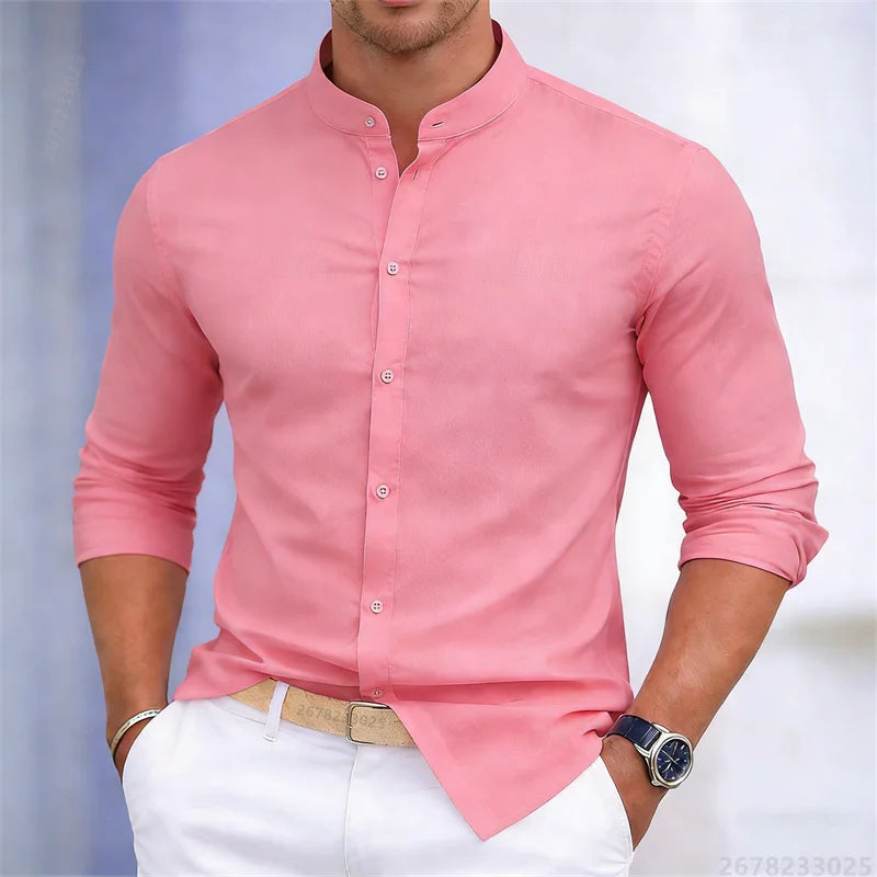 Chemise à manches longues pour homme, col montant, blanche ou noire, couleur unie, coupe ajustée, style business casual, tailles XS-6XL.