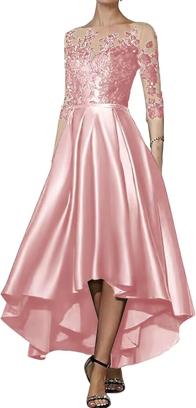 Robe en satin à col en V pour mère de la mariée, robe trapèze élégante longueur thé, devant court, dos long, invité de mariage