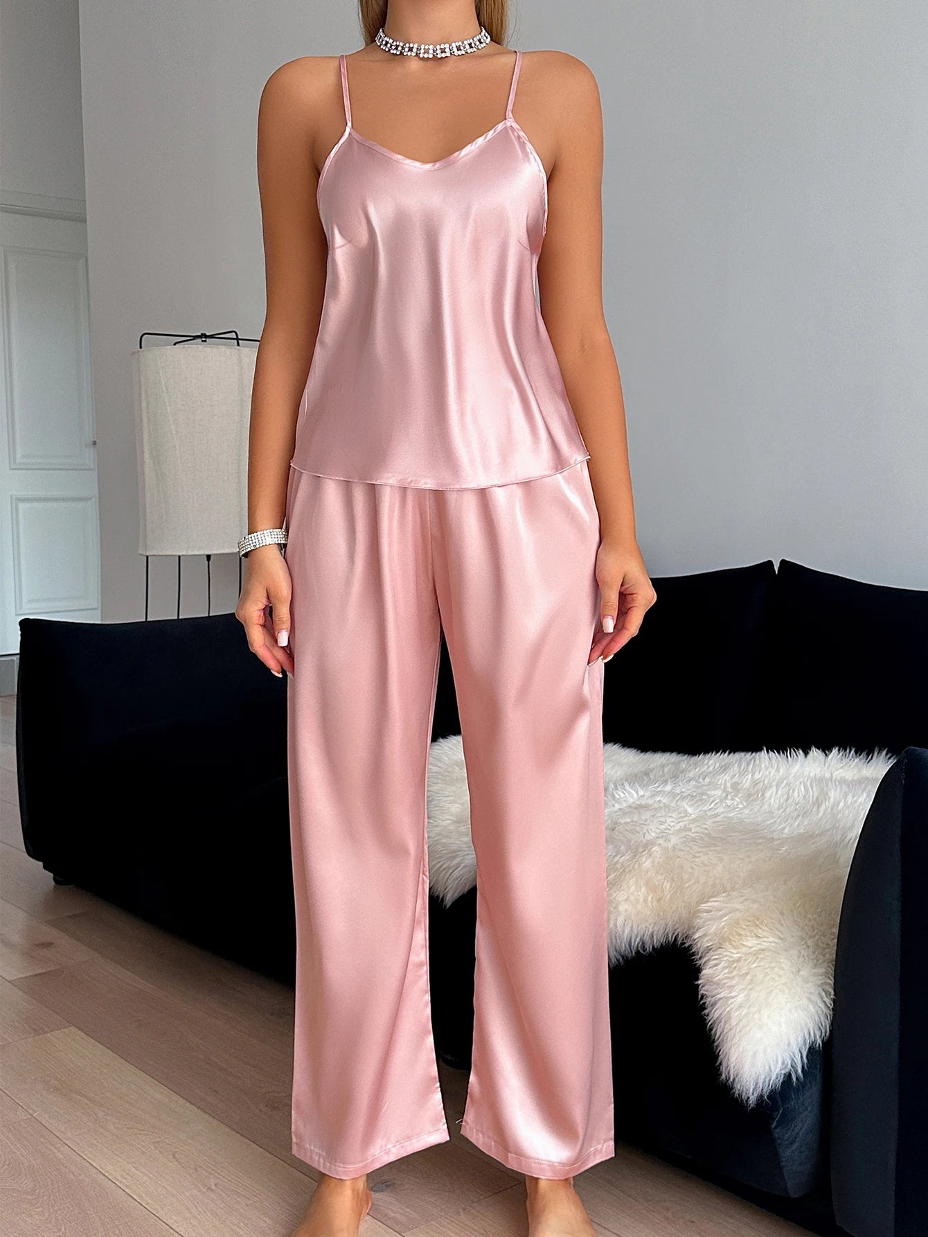 Ensemble pyjama pour femmes, col en V, couleur unie, pantalon licou, à la mode et confortable, ensemble 2 pièces