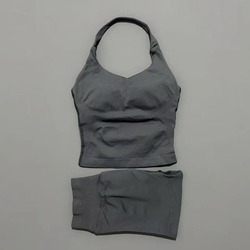 Ensemble de sport 2 pièces pour femme : débardeur long à bretelles rembourré et short de sport sans couture pour le yoga, le fitness et la course à pied