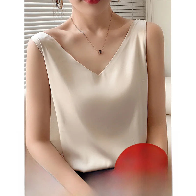 Débardeur en soie pour femme, en soie glacée, dos élégant, blanc et noir, style décontracté, col en V, pour l'été, taille L