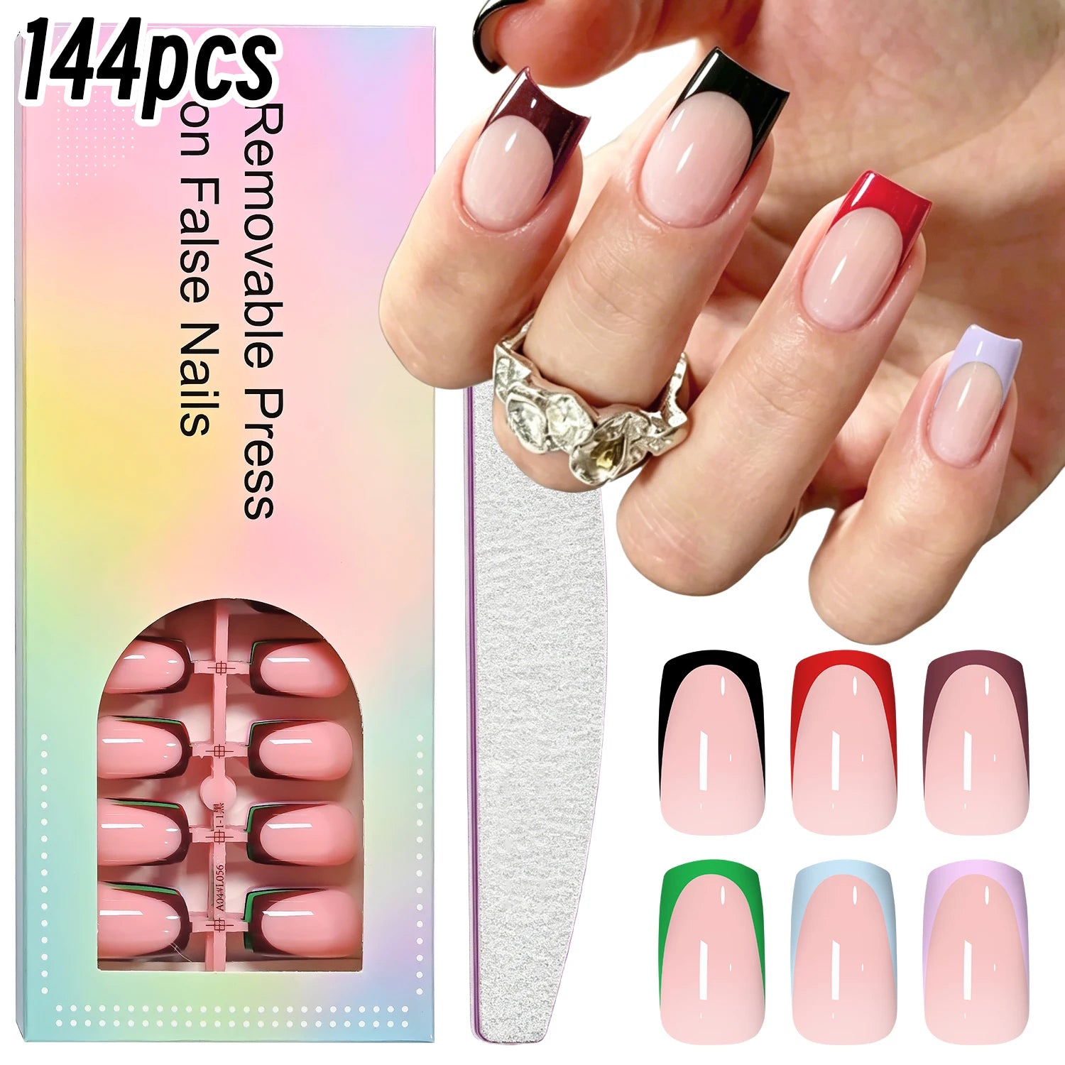 144 faux ongles carrés courts français, noirs, blancs, roses, brillants, à presser, en acrylique, couvrance totale, portables #