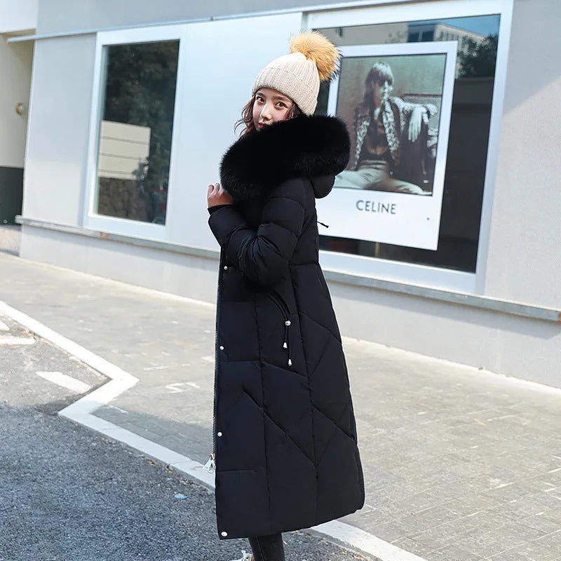 Femmes Maxi longueur Parkas manteaux veste à capuche surdimensionné solide fermeture éclair col de fourrure manches longues ample épais décontracté 2025 automne hiver