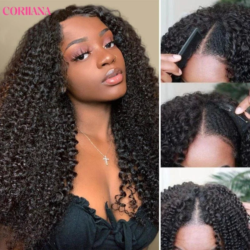 Perruque V-Part 250% Kinky Curly en Cheveux Humains, Sans Tissage apparent, Améliorée, Ondulations Profondes, Perruque Demi-Tête Sans Colle à Clipser pour Femmes