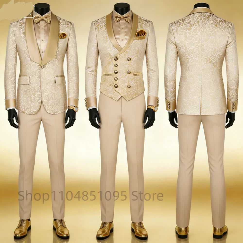 Costume de smoking formel 3 pièces en jacquard champagne pour homme avec blazer à revers châle, idéal pour le marié, le témoin ou les smoking pour soirée