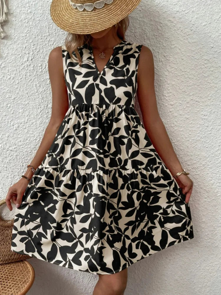 Femmes Boho imprimé Mini robe été élégant sans manches col en V à volants une ligne débardeur décontracté ample surdimensionné plage fête robe d'été