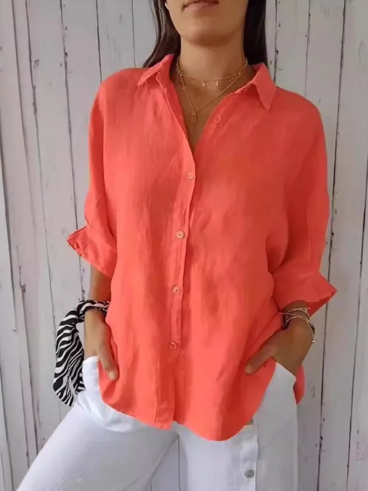 Chemise en lin de coton pour femmes, chemisier à lacets, nœud au dos élégant, monochromatique, décontracté, demi-manche à revers, printemps, été, nouveau