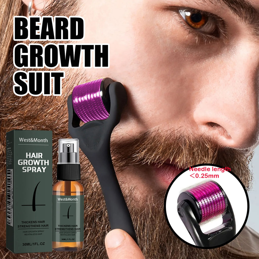 Kit de spray pour barbe homme avec micro-rouleau 0,25 mm, hydratant, épaississant, essence stimulante pour la barbe, spray nourrissant