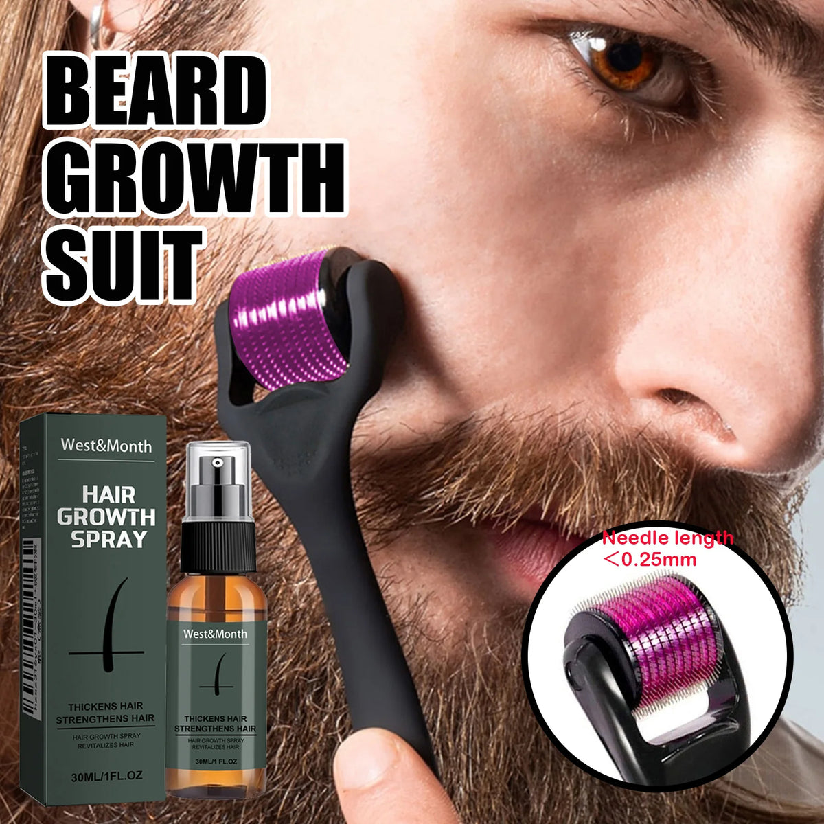 Kit de spray pour barbe homme avec micro-rouleau 0,25 mm, hydratant, épaississant, essence stimulante pour la barbe, spray nourrissant