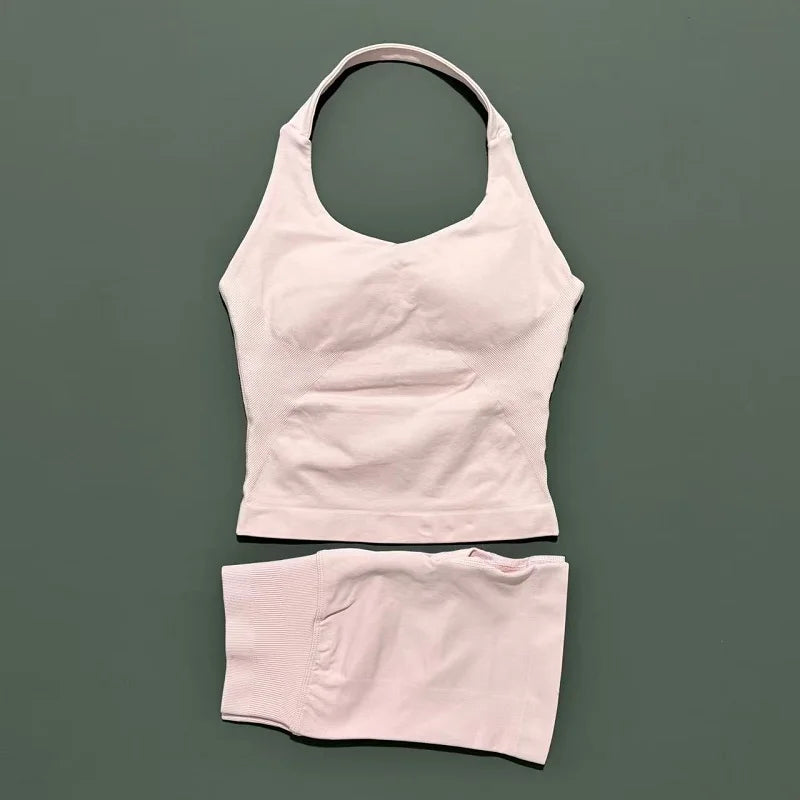 Ensemble de sport 2 pièces pour femme : débardeur long à bretelles rembourré et short de sport sans couture pour le yoga, le fitness et la course à pied