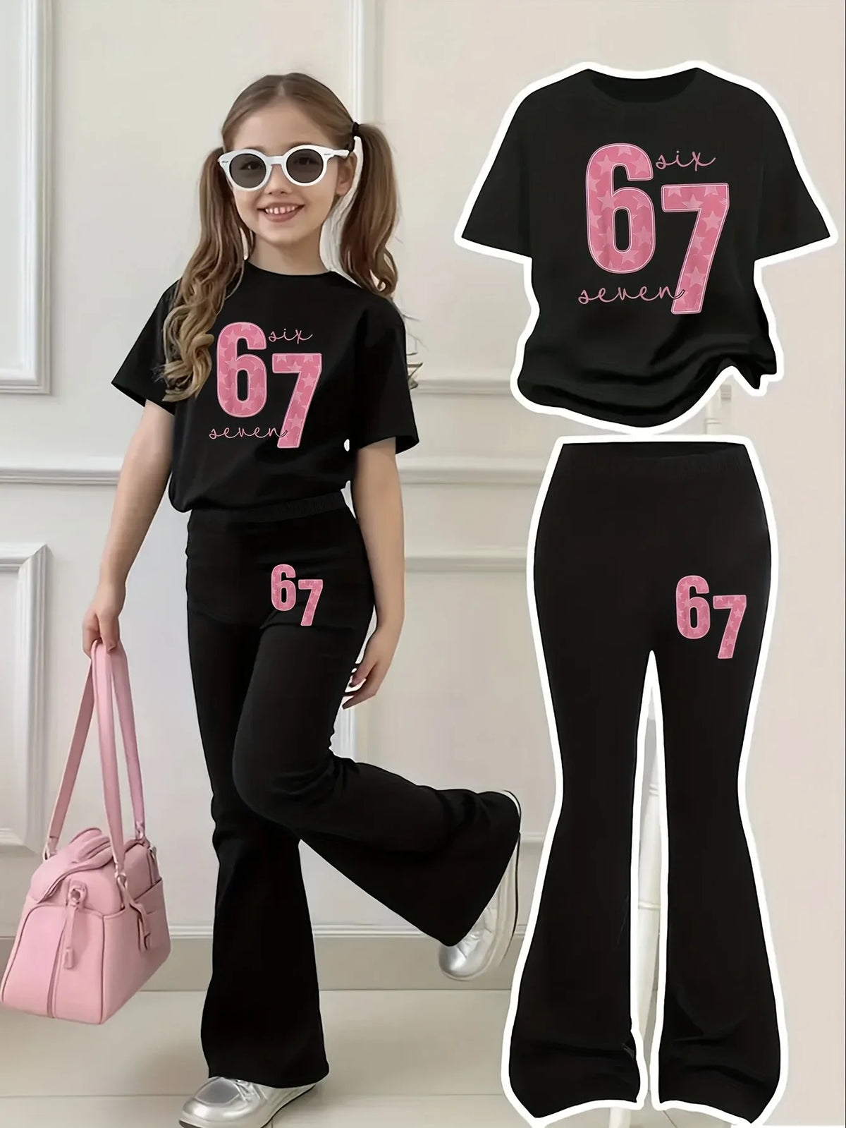 Ensemble 2 pièces pour filles, T-shirt à manches courtes et pantalon évasé, imprimé étoile rose numéro 67, ensemble streetwear décontracté pour enfants