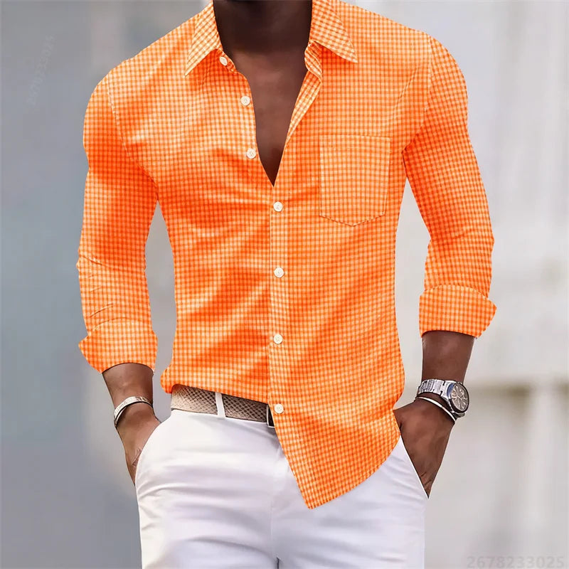 Chemise pour hommes 13 couleurs, chemise à manches longues à carreaux bleu clair et blanc, haut pour hommes coupe slim, décontracté, d'affaires et de déplacement.