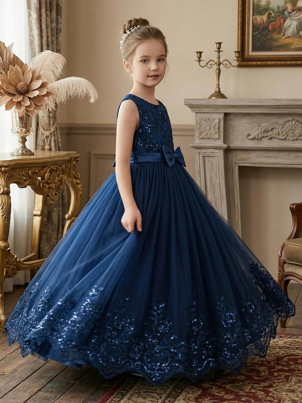Robe de soirée élégante pour fille adolescente, bleu royal, dentelle brodée, sequins, sans manches, avec filet bouffant pour fête, banquet