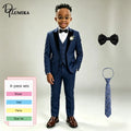 Ensemble de costume formel bleu marine pour garçons avec cravate florale, blazer à revers pointus, gilet et pantalon pour mariage, porteur d'alliances, fête ou tenue de scène