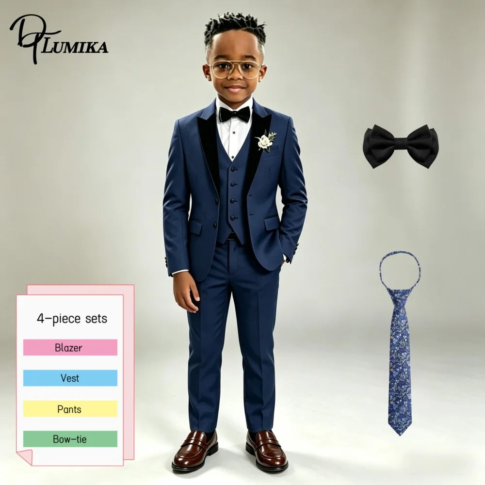Ensemble de costume formel bleu marine pour garçons avec cravate florale, blazer à revers pointus, gilet et pantalon pour mariage, porteur d'alliances, fête ou tenue de scène