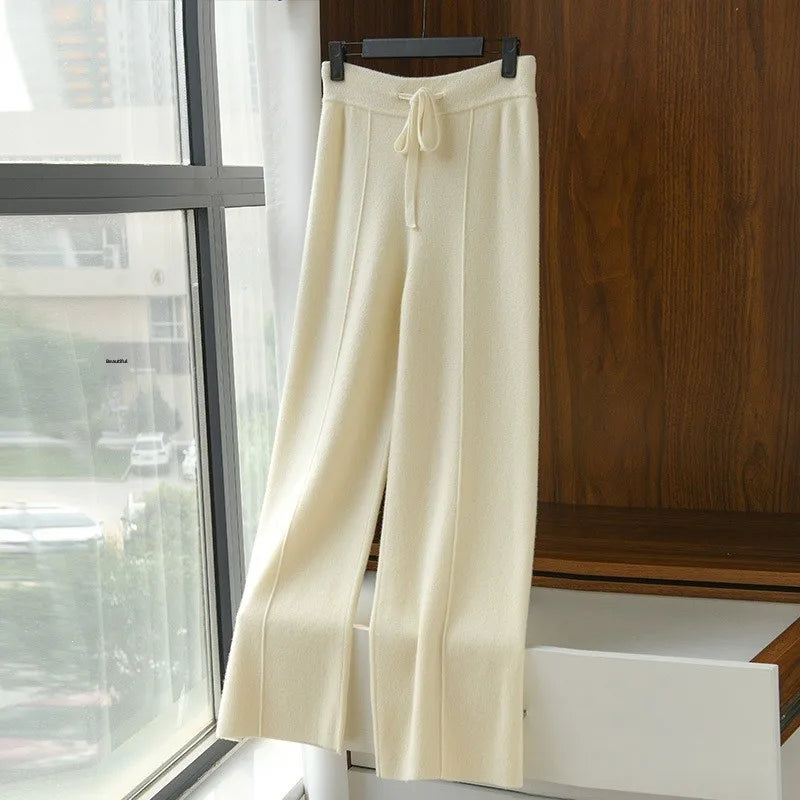 Pantalon large à taille haute en tricot pour femme, couleur unie, coupe ample, style coréen, décontracté, automne-hiver