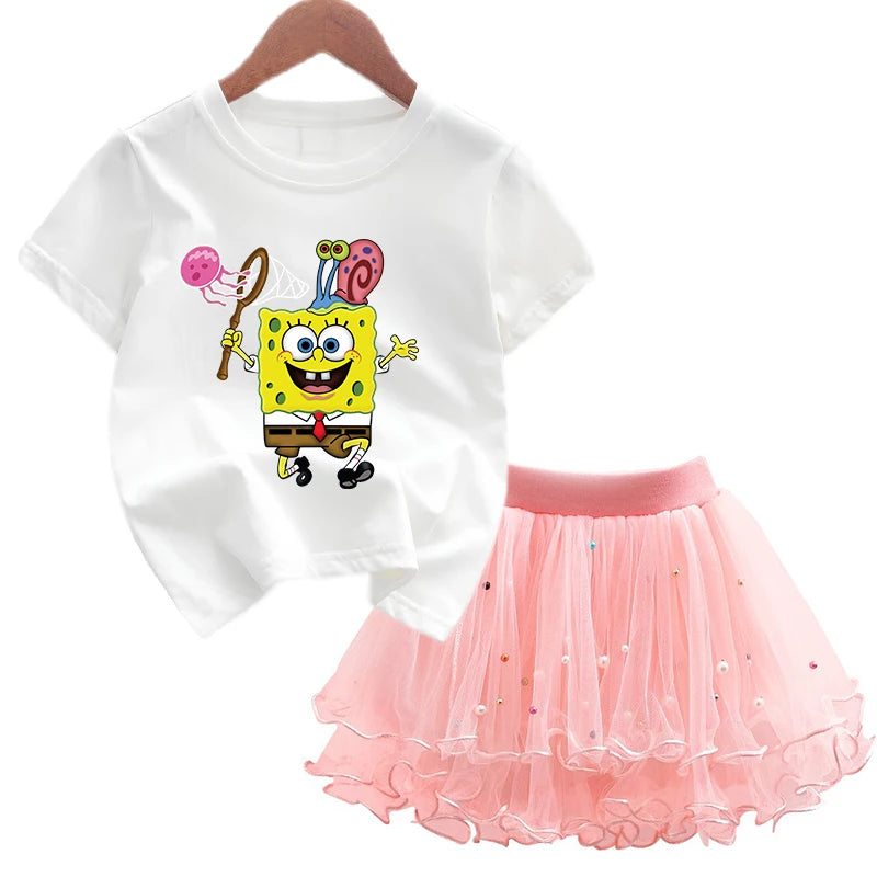 Robe Bob l'éponge pour filles, vêtements d'anniversaire pour enfants, robe de princesse de fête, T-shirt + jupe Tutu, cadeau de soirée d'été, 2 pièces/ensemble