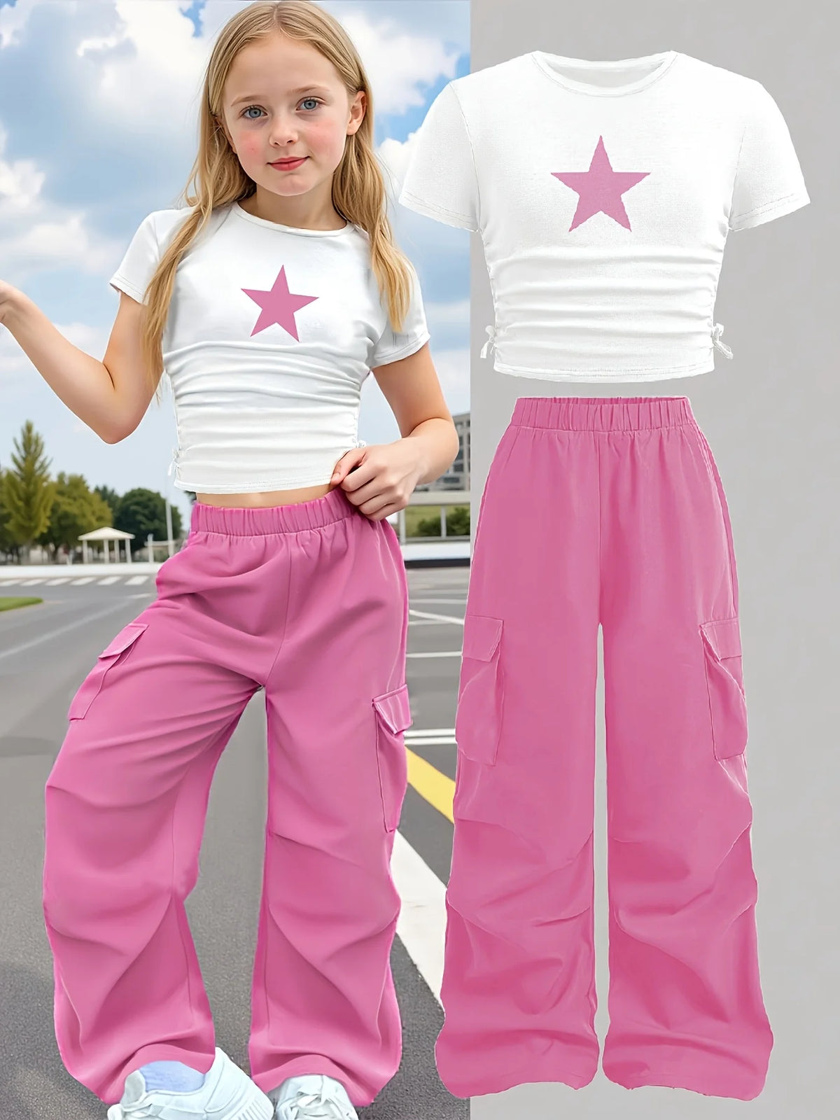 Nouvel ensemble d'été 2 pièces : T-shirt à manches courtes à col rond et coupe ajustée imprimé étoiles et pantalon large (Ensemble décontracté élégant pour filles)