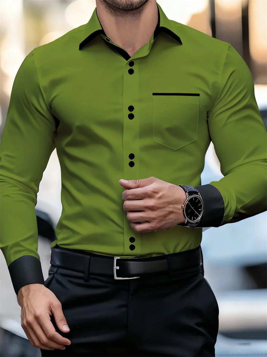 Chemise à manches longues à col bloc de couleur pour hommes d'affaires, coupe ajustée, sans plis, chemise Patchwork noir et blanc, haut tendance pour hommes
