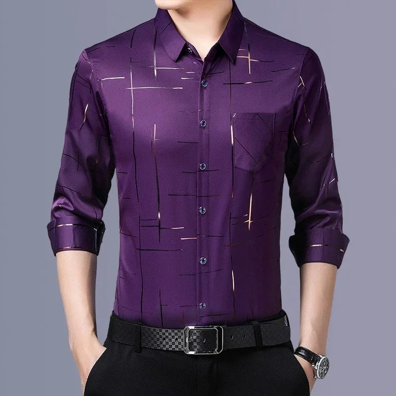 Chemise imprimée à manches longues pour hommes, haut d'affaires décontracté et à la mode, sans repassage et résistant aux rides