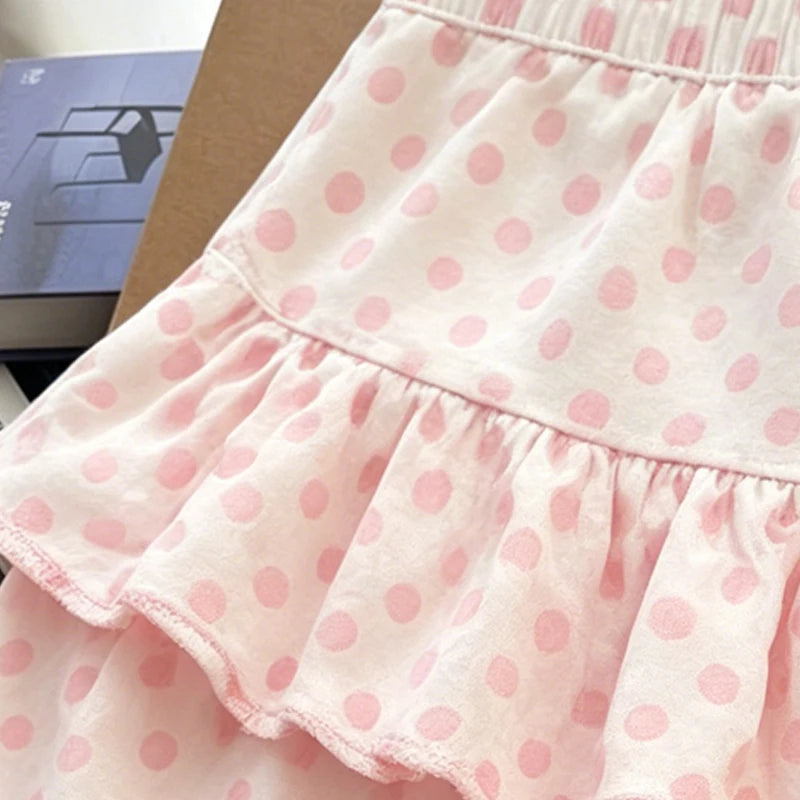 Jupe à pois rose style Harajuku douce et fraîche, double volant, coupe trapèze, polyvalente et basique pour jeune fille.