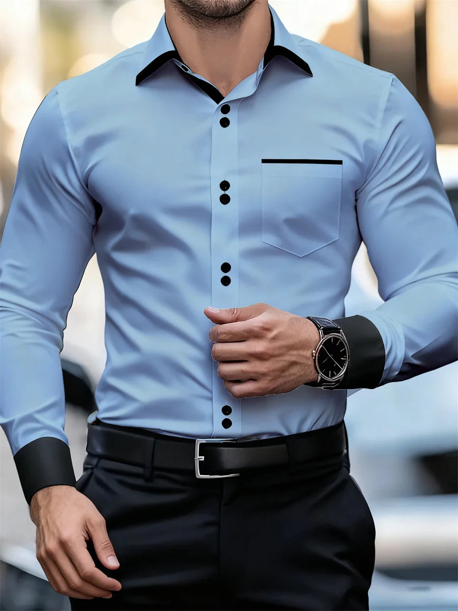 Chemise à manches longues à col bloc de couleur pour hommes d'affaires, coupe ajustée, sans plis, chemise Patchwork noir et blanc, haut tendance pour hommes
