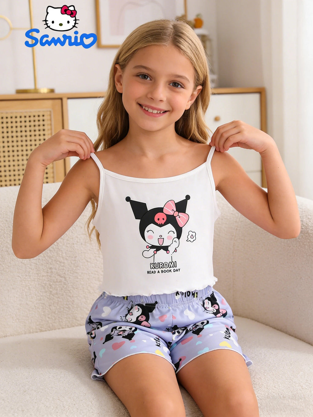 Ensemble short et débardeur Sanrio pour filles, édition été, ensemble deux pièces Kuromi, adapté aux vêtements d'été pour enfants à la maison