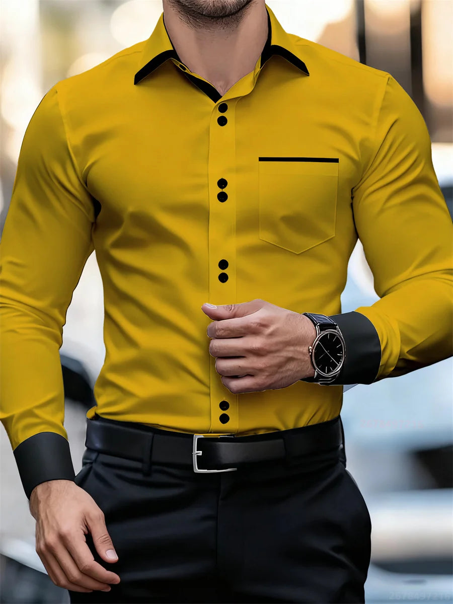 Chemise à manches longues à col bloc de couleur pour hommes d'affaires, coupe ajustée, sans plis, chemise Patchwork noir et blanc, haut tendance pour hommes