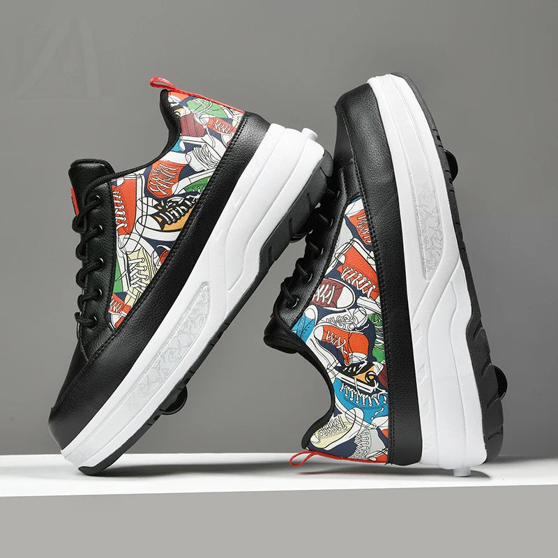 Chaussures de patinage à roulettes pour enfants, quatre roues durables et rétractables, à la mode, à lacets, pour divertissement en plein air, chaussures de sport pour enfants