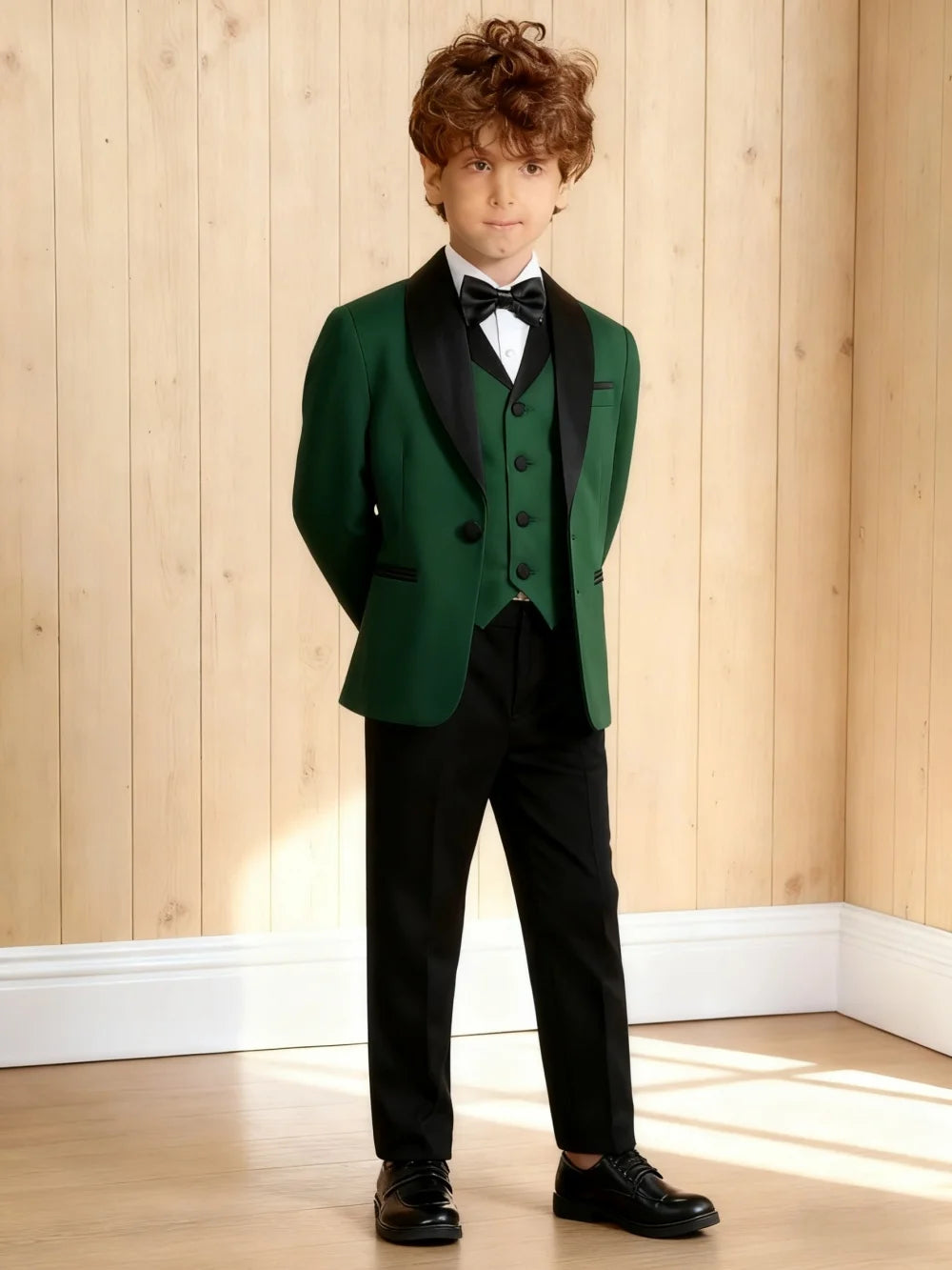 Vente chaude élégant vert émeraude garçons costume formel ensemble 3-14 ans 4 pièces enfants mariage smoking Blazer gilet pantalon nœud papillon