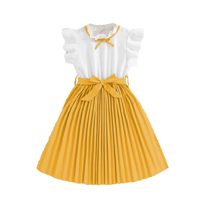 Robe pour filles, manches pétales blanches, jupe kaki plissée et nœud papillon, Style Preppy, vêtements de fête d'anniversaire élégants pour 8 à 12 ans