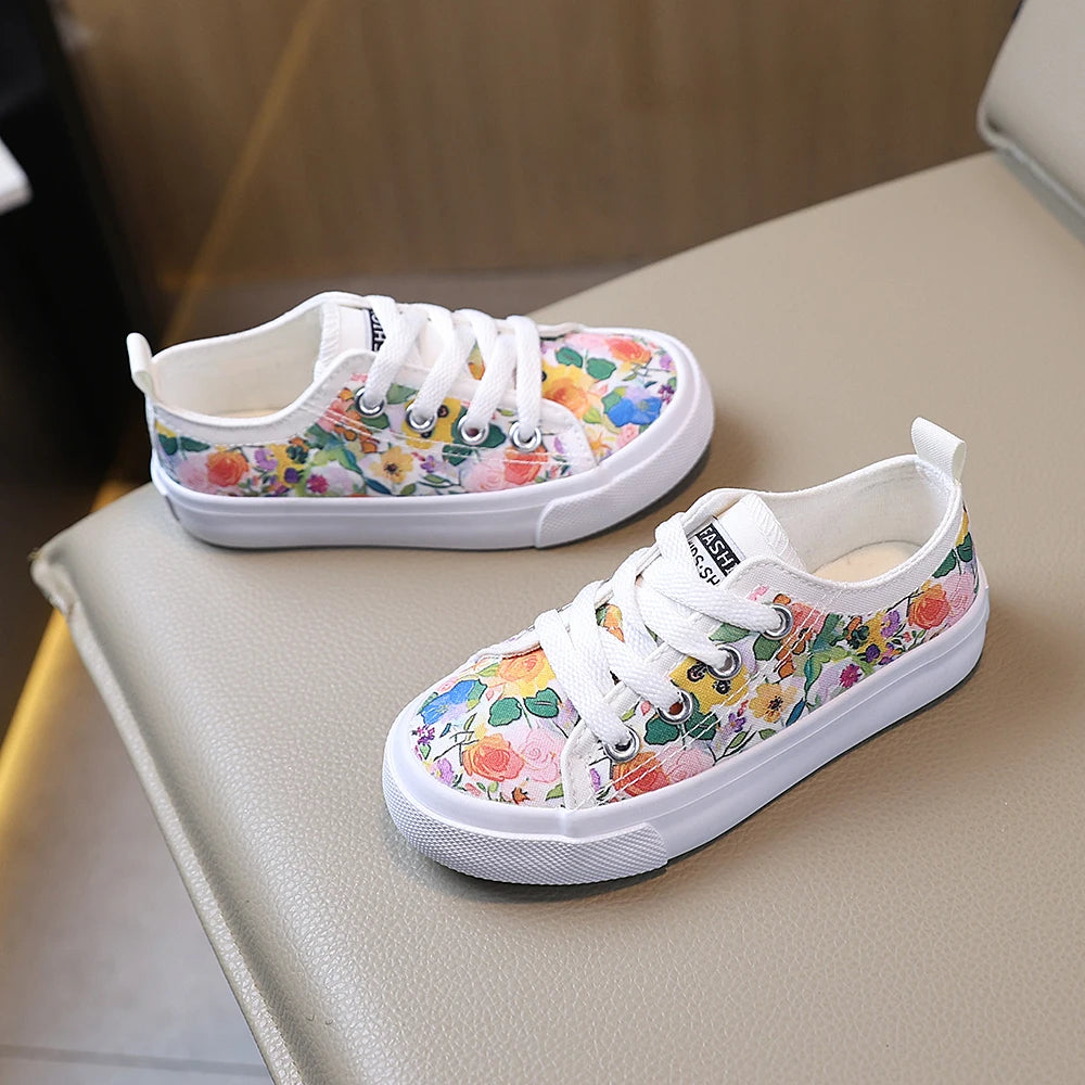 COMFY KIDS Chaussures basses en toile pour filles de 3 à 12 ans, imprimé floral, style frais, tissu en coton respirant, à lacets, avec languette de fermeture, pour toutes les saisons, chaussures décontractées pour pique-