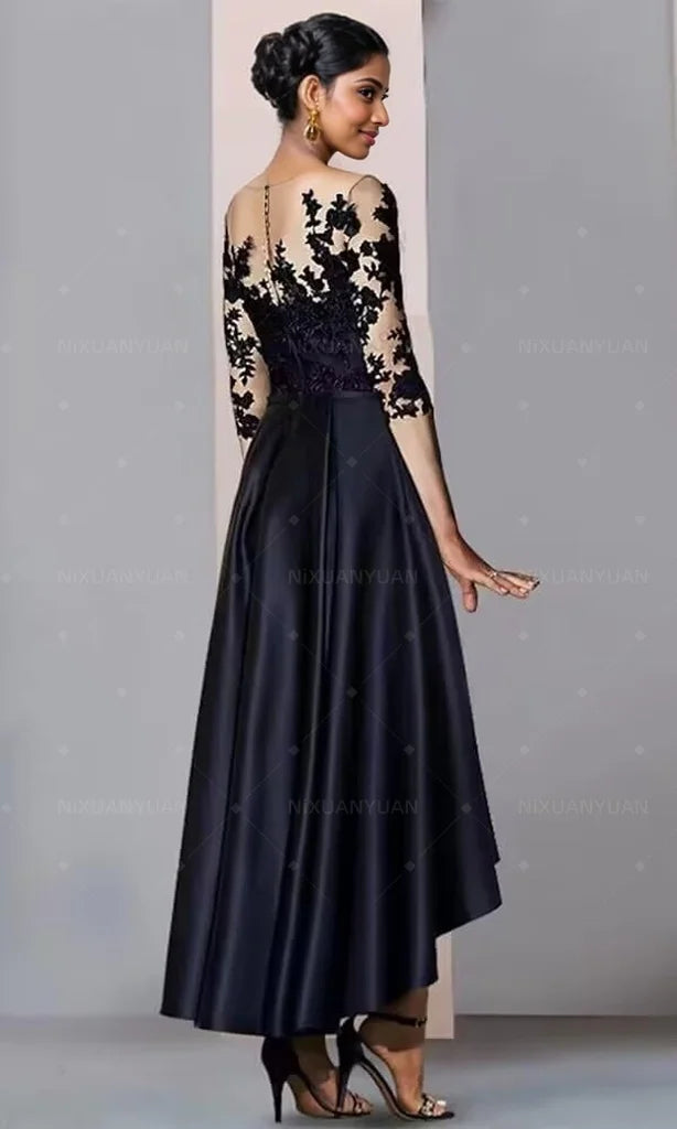 Robe en satin à col en V pour mère de la mariée, robe trapèze élégante longueur thé, devant court, dos long, invité de mariage