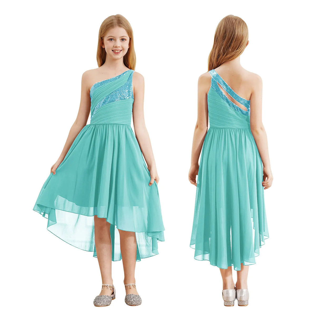Robe d'été en mousseline de soie pour filles, tenue de princesse à paillettes, asymétrique épaule dénudée, sans manches, robe Maxi de demoiselle d'honneur junior, robes de fête de mariage