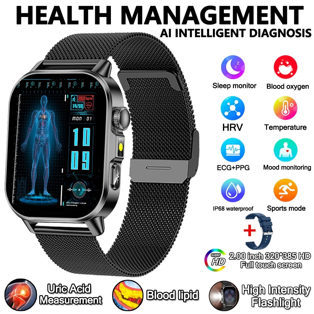Montre connectée pour hommes et femmes, nouveau modèle d'analyse de la santé des acides uriques et des lipides, ECG + PPG, appel Bluetooth, lampe de poche 2026 pouces, 2.021