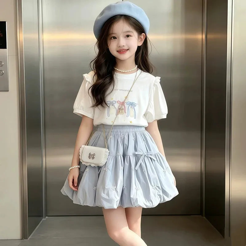 Ensemble 2 pièces été 2026 pour filles, tenue enfant adolescente, t-shirt ample à manches courtes avec nœud + jupe tutu, pour 4, 5, 8, 9, 10, 11, 12 ans