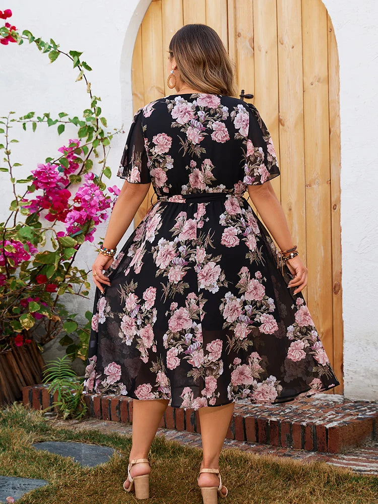 GIBSIE-Robe longue avec ceinture, grande taille, col surplis, manches papillon, imprimé floral, coupe trapèze, style bohème, nouvelle collection été 2024
