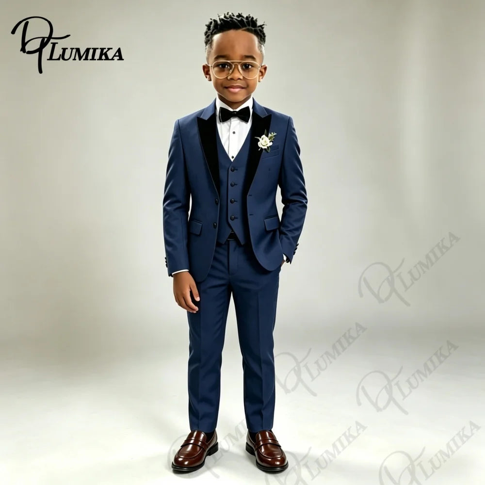 Ensemble de costume formel bleu marine pour garçons avec cravate florale, blazer à revers pointus, gilet et pantalon pour mariage, porteur d'alliances, fête ou tenue de scène