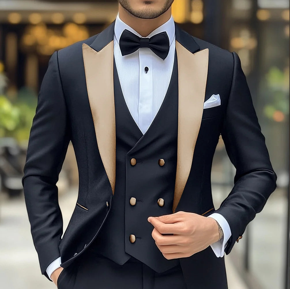 Costume 3 pièces de smoking de mariage pour marié, costume noir pour hommes, veste, pantalon, gilet formel, Blazer à revers, tenue cintrée