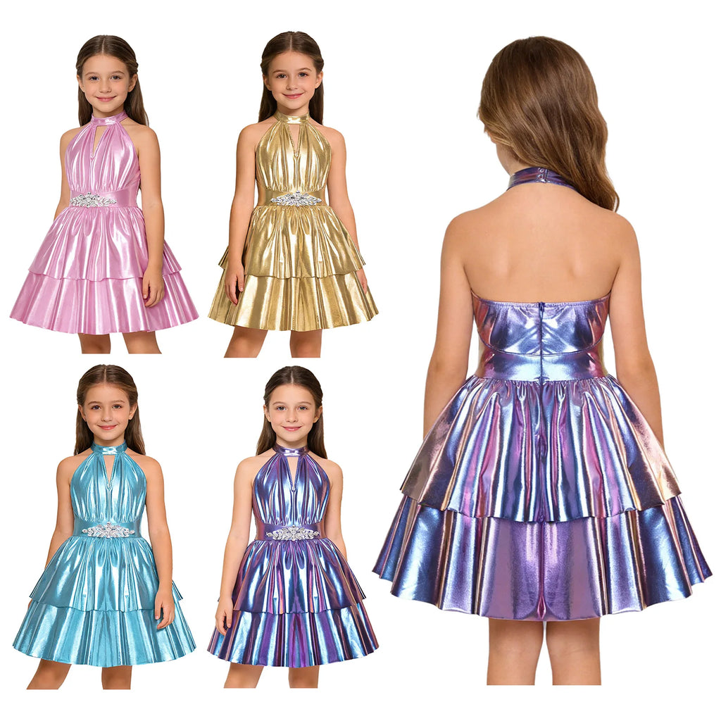 Robe de soirée métallique brillante pour enfants filles, dos nu, sans manches, strass, ourlet à plusieurs niveaux, robe trapèze, robe de bal de concours d'anniversaire