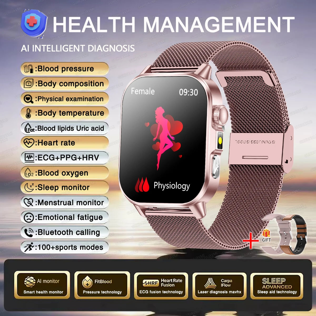 Montre connectée intelligente 2026 pour la santé des femmes, diagnostic précis, ECG+HRV, tension artérielle, oxygène sanguin, acide urique, fréquence cardiaque, appels Bluetooth