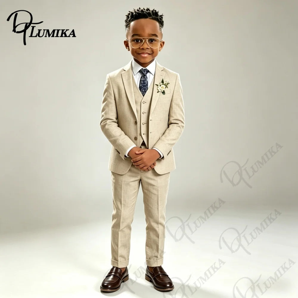 Costume élégant en lin beige pour garçons, ensemble 3 pièces avec cravate florale bleue, smoking formel haut de gamme pour mariage, porteur d'alliances, occasions spéciales d'été